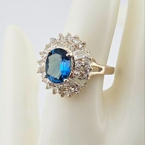Vintage Large London Blue Topaz and Cubic Zirconia Sterling Silver Ring Size 8